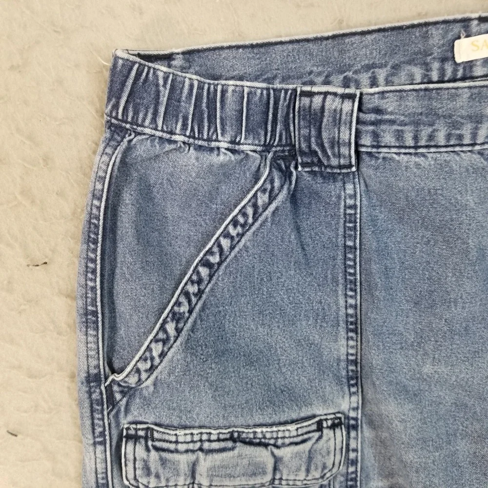 Savane Cargo Shorts Mens 38 Blue Denim Retro Elastic Waist Utility Pockets
